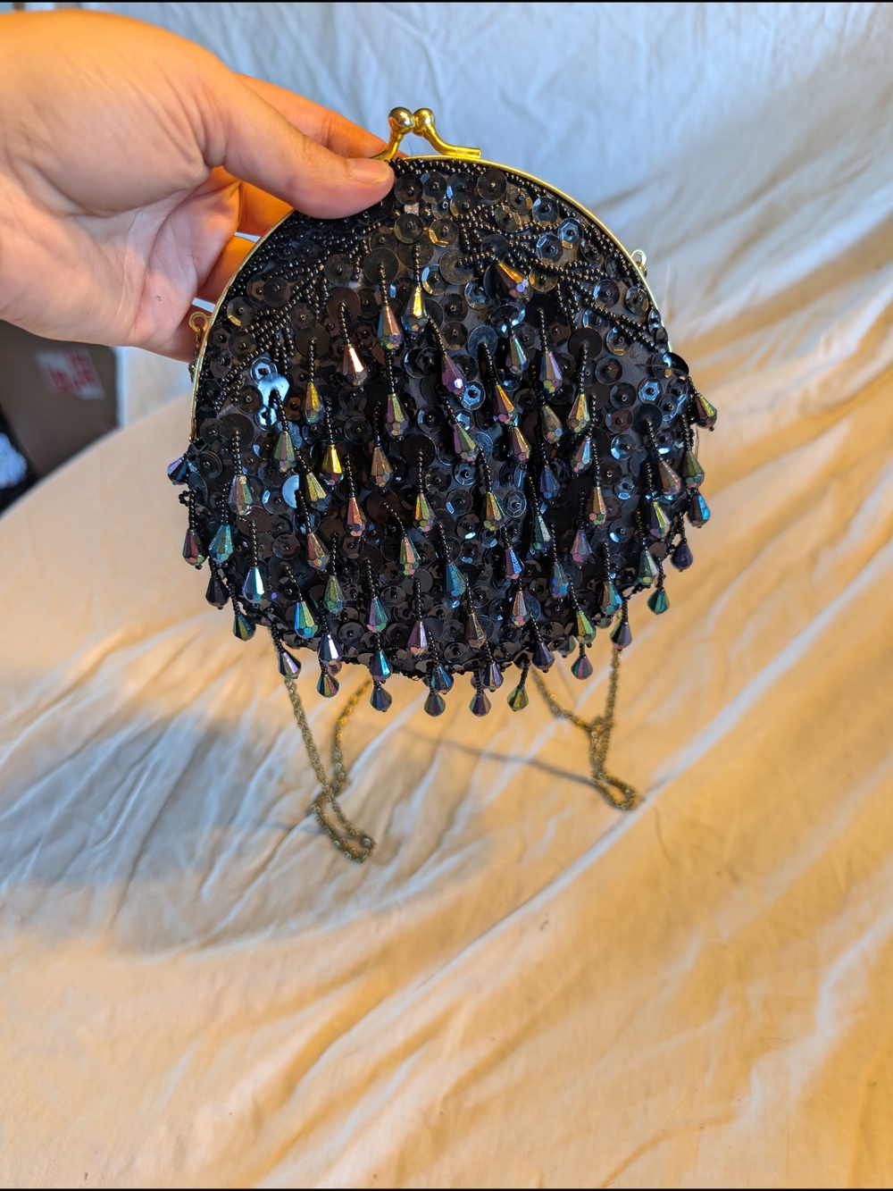 2/60$ Vintage Black Beaded Sequin Clutch with Iridescent Teardrops - Picture 1 of 7